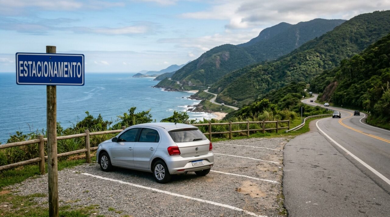 Casal encosta no acostamento para fotografar uma paisagem, mantém o pisca-alerta ligado e é orientado sobre o risco de usar a faixa lateral como ponto turístico