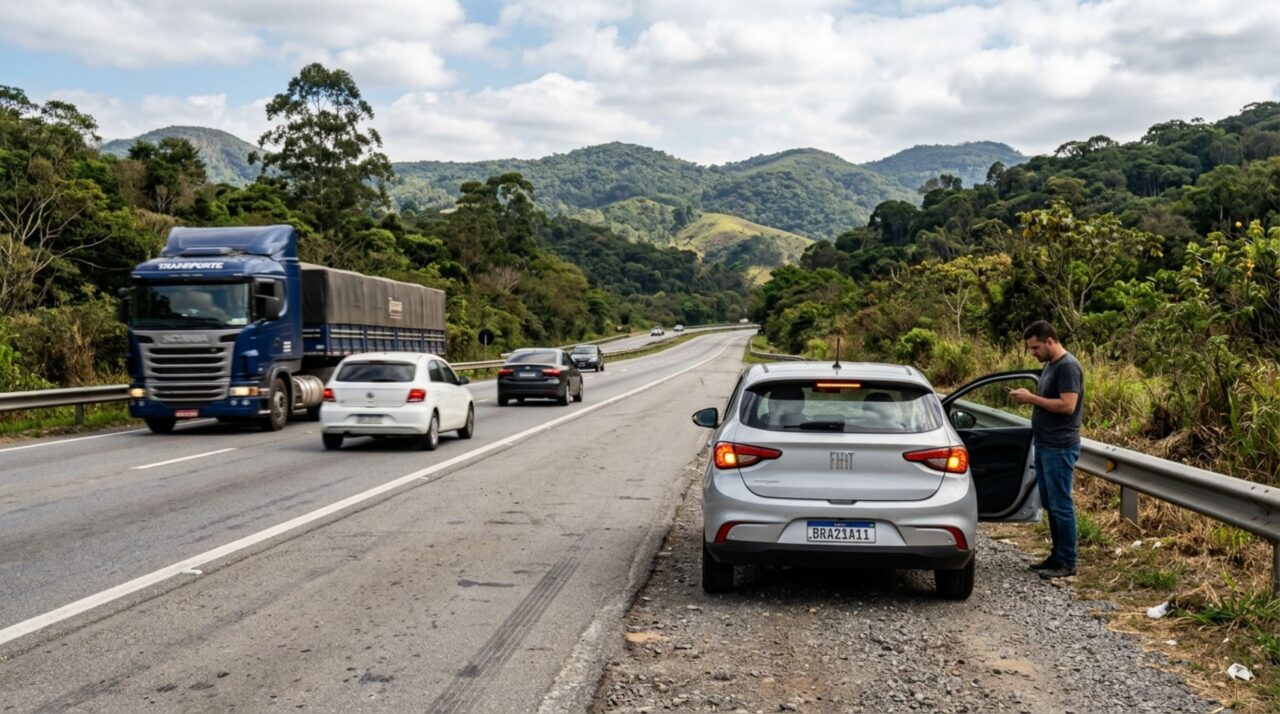 Casal para no acostamento para fotografar uma paisagem, mantém o pisca-alerta ligado e é orientado sobre o risco de usar a faixa lateral como ponto turístico