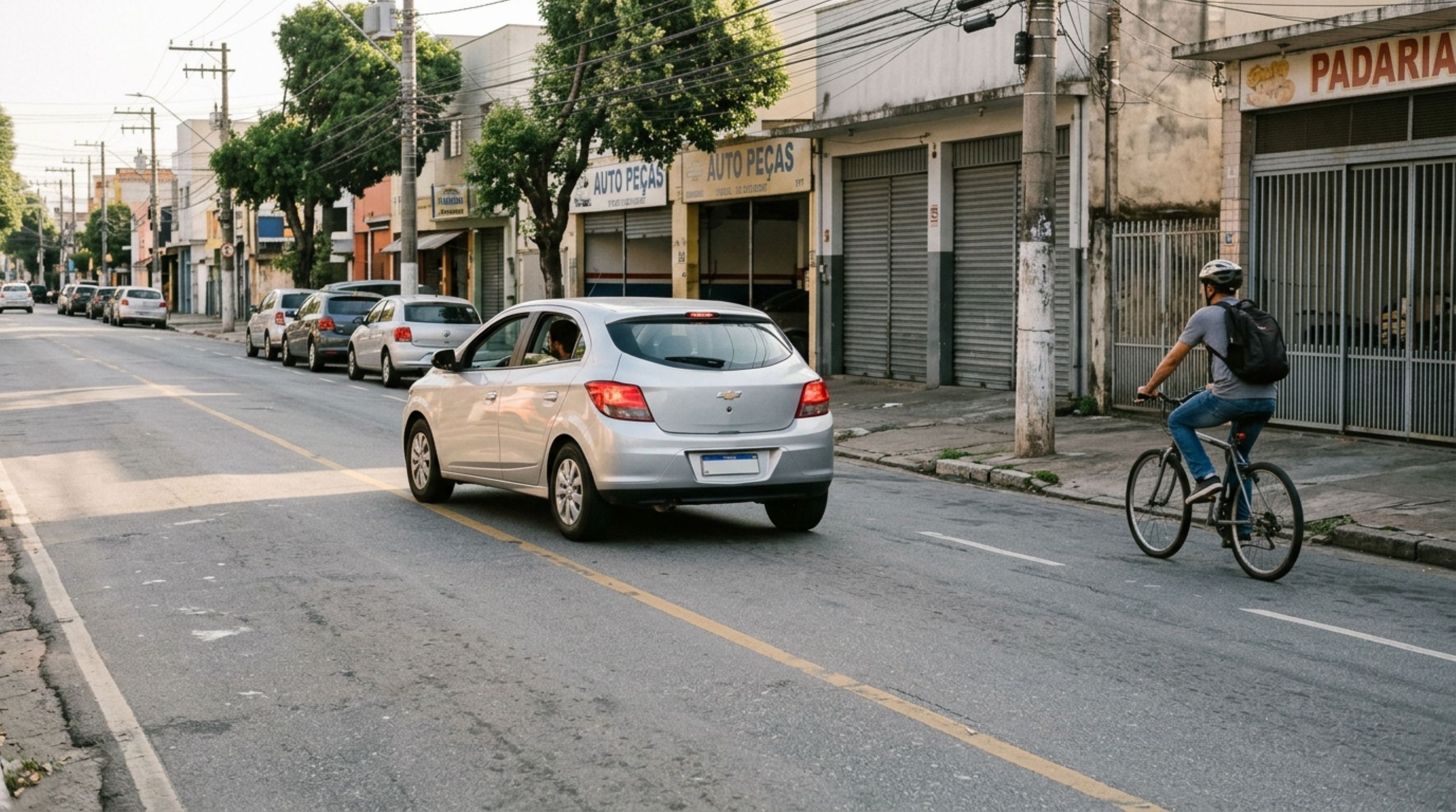 Ciclista pedala diariamente por uma avenida sem ciclovia e percebe que os carros passam muito perto de sua bicicleta, até descobrir que existe uma distância mínima prevista na legislação para determinadas manobras