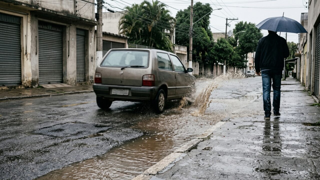 Motorista acelera sobre uma poça e encharca quem está andando na calçada: o CTB trata usar o veículo para jogar água em pedestres como infração