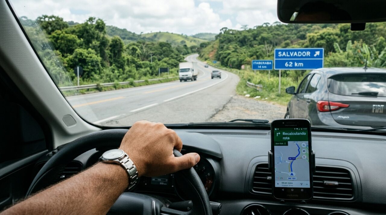Motorista perde a saída indicada pelo GPS, para no acostamento para recalcular a rota e descobre que a dúvida sobre o caminho não transforma o local em estacionamento