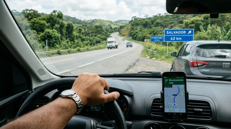 Motorista perde a saída indicada pelo GPS, para no acostamento para recalcular a rota e descobre que a dúvida sobre o caminho não transforma o local em estacionamento