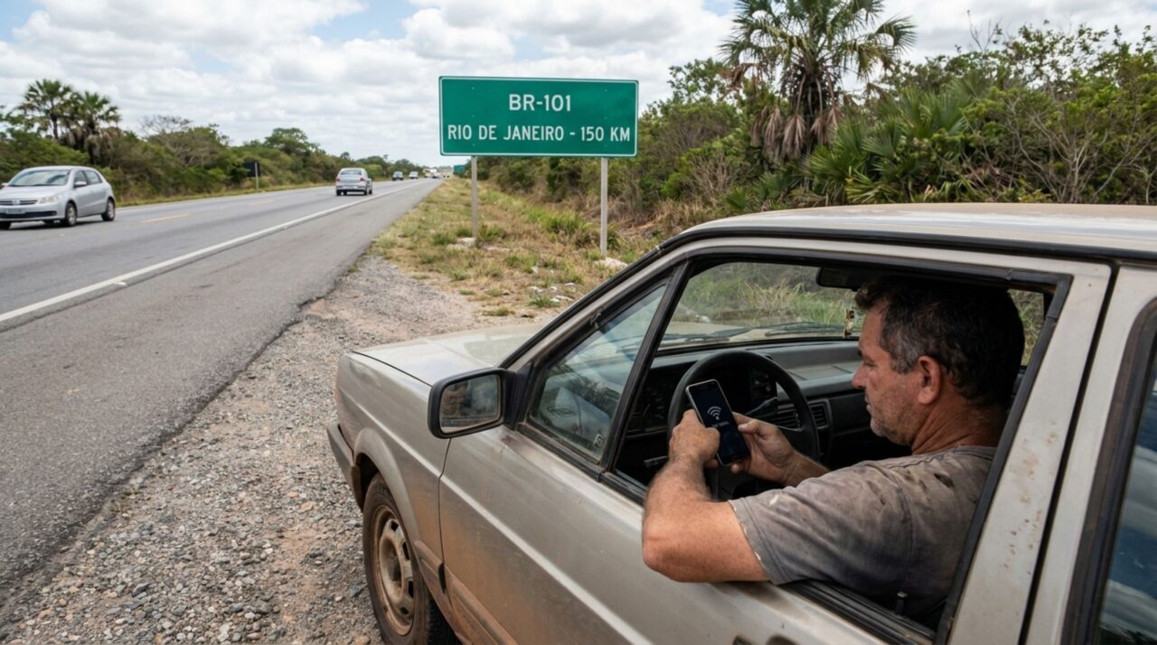 Motorista entra no acostamento para buscar sinal de celular e avisar que chegará atrasado, mas é parado por fiscalização e descobre por que a dificuldade de comunicação não libera o acostamento
