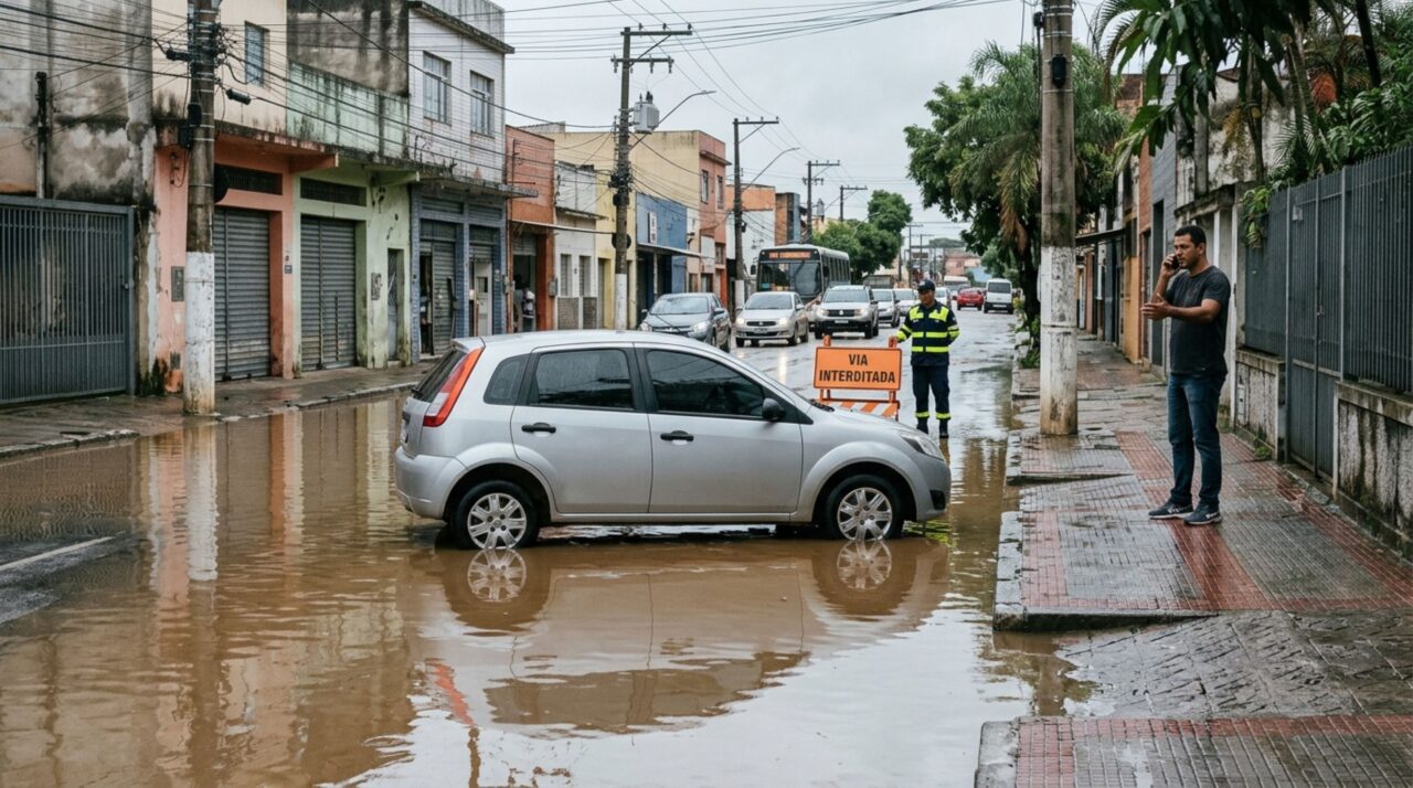 Motorista atravessa um trecho alagado para não perder tempo em um congestionamento e descobre que insistir na passagem tem consequências no CTB, além dos prejuízos causados ao próprio carro