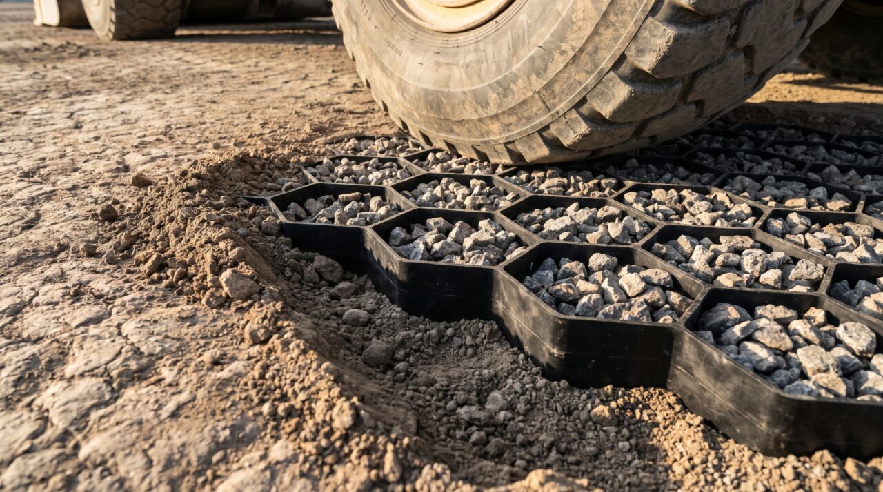 Blocos vazados escondidos sob a brita impedem que rodas afundem e distribuem o peso sem transformar todo o terreno em uma placa de concreto