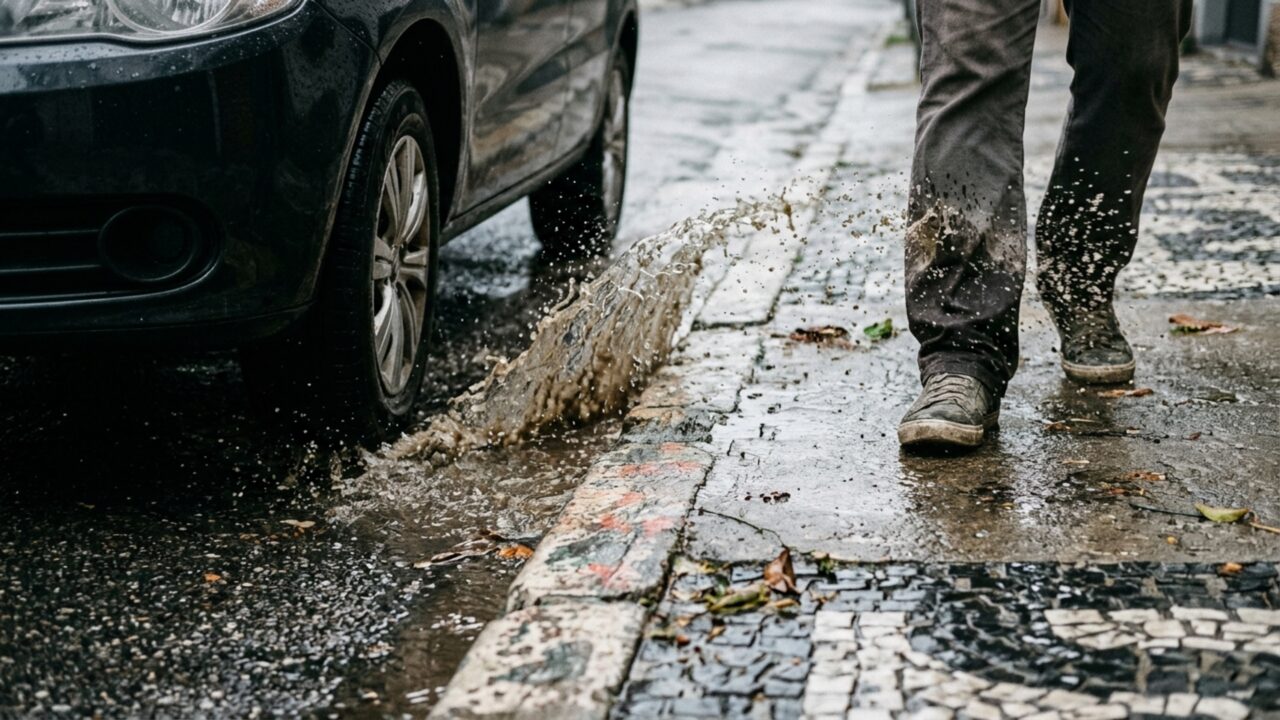 Motorista acelera sobre uma poça e encharca quem está andando na calçada: o CTB trata usar o veículo para jogar água em pedestres como infração
