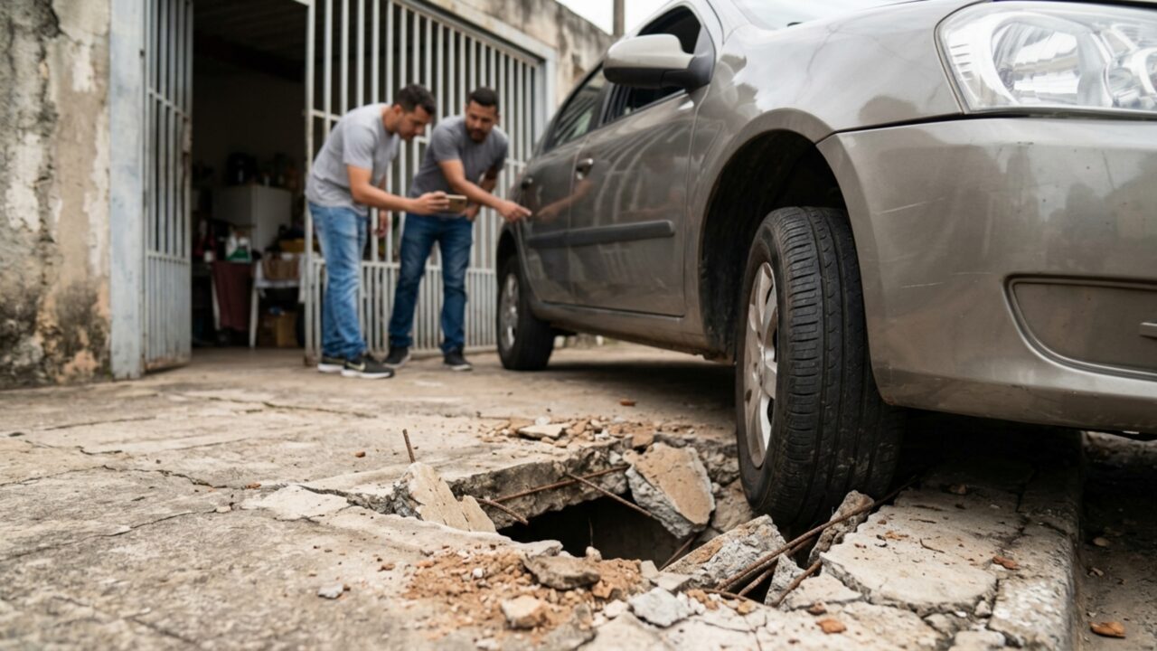 Motorista estaciona na entrada de uma casa durante uma visita e vê uma roda afundar numa tampa de concreto, mas o proprietário afirma que aquele trecho nunca foi preparado para receber veículos
