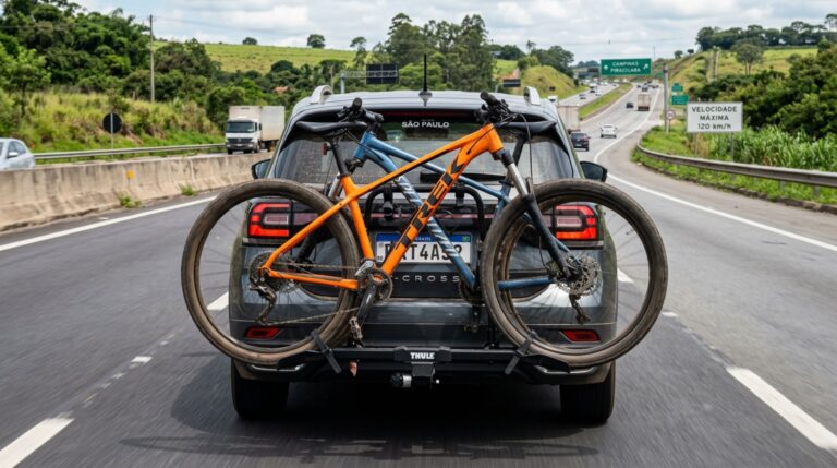 Motorista instala um suporte de bicicletas no engate para viajar com a família, ao ser parado na fiscalização, recebe multa, agente explica que as bicicletas esconderam a placa e parte das lanternas