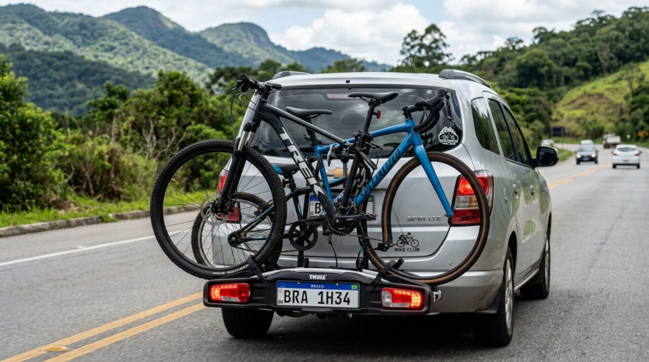 Motorista instala um suporte de bicicletas no engate para viajar com a família, ao ser parado na fiscalização, recebe multa, agente explica que as bicicletas esconderam a placa e parte das lanternas