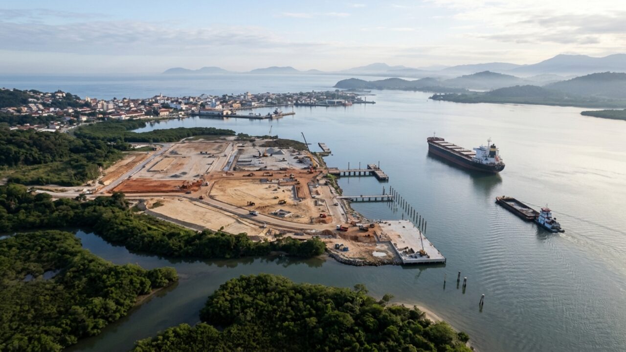 Megaobra portuária de R$ 1,87 bilhão vai construir novas estruturas de atracação e armazenagem em uma grande baía brasileira para receber navios e transportar cargas industriais