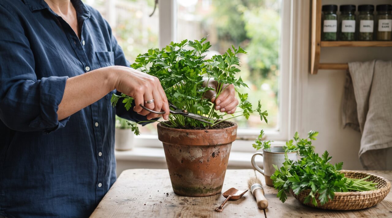 Como realizar o corte correto da salsinha em vaso para renovar a planta e evitar a morte do pé.
