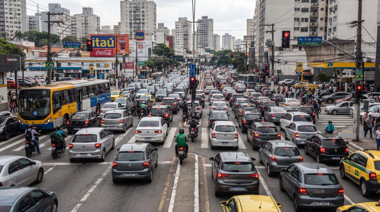 Condutor avança no sinal verde durante trânsito intenso, fica preso no meio do cruzamento quando o semáforo muda e trava a via transversal
