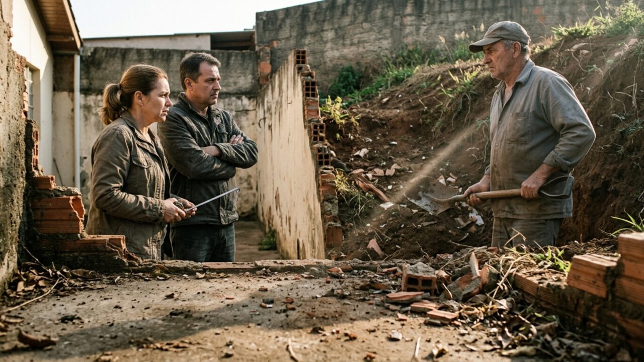 Casal começa a retirar uma mureta para ampliar o quintal e o vizinho exige que a obra pare quando a terra sob seu piso começa a aparecer