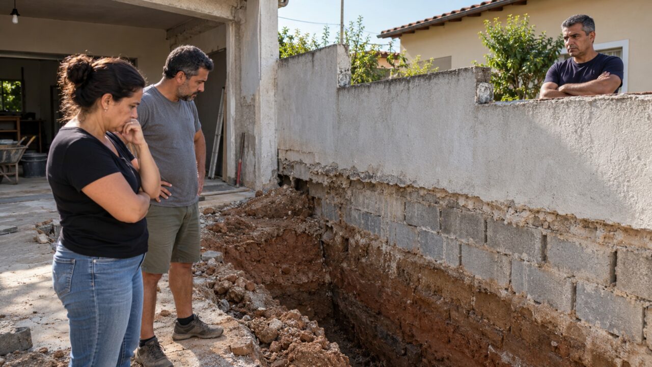Casal rebaixa o terreno para nivelar a garagem com a rua e recebe exigência de parar a obra quando a base do muro ao lado fica exposta