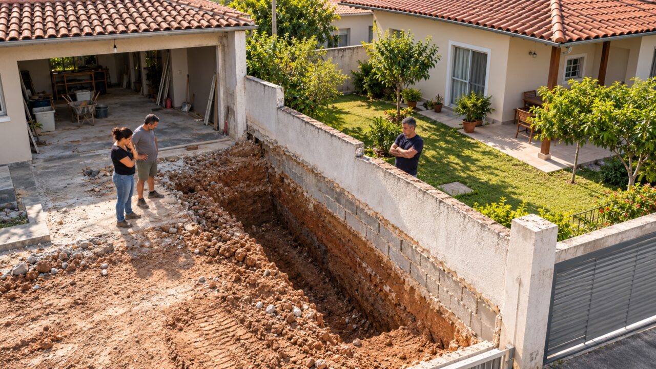 Casal rebaixa o terreno para nivelar a garagem com a rua e recebe exigência de parar a obra quando a base do muro ao lado fica exposta