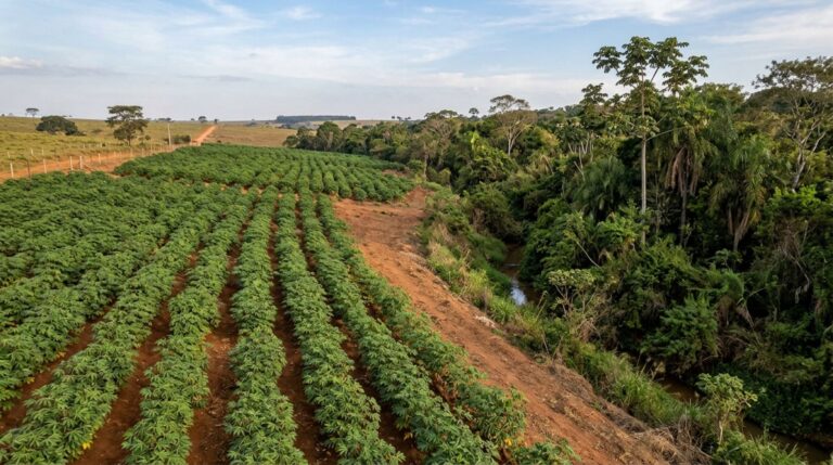 Plantação de mandioca em sítio brasileiro termina antes de uma faixa de mata nativa que protege um riacho natural