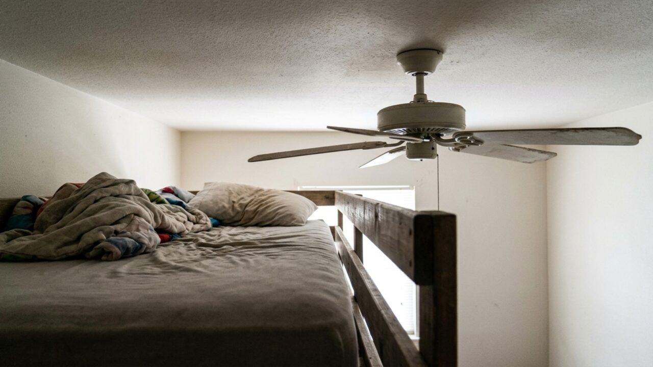 Família monta uma beliche para liberar espaço no quarto e percebe que quem dorme na cama de cima fica ao alcance das pás do ventilador de teto