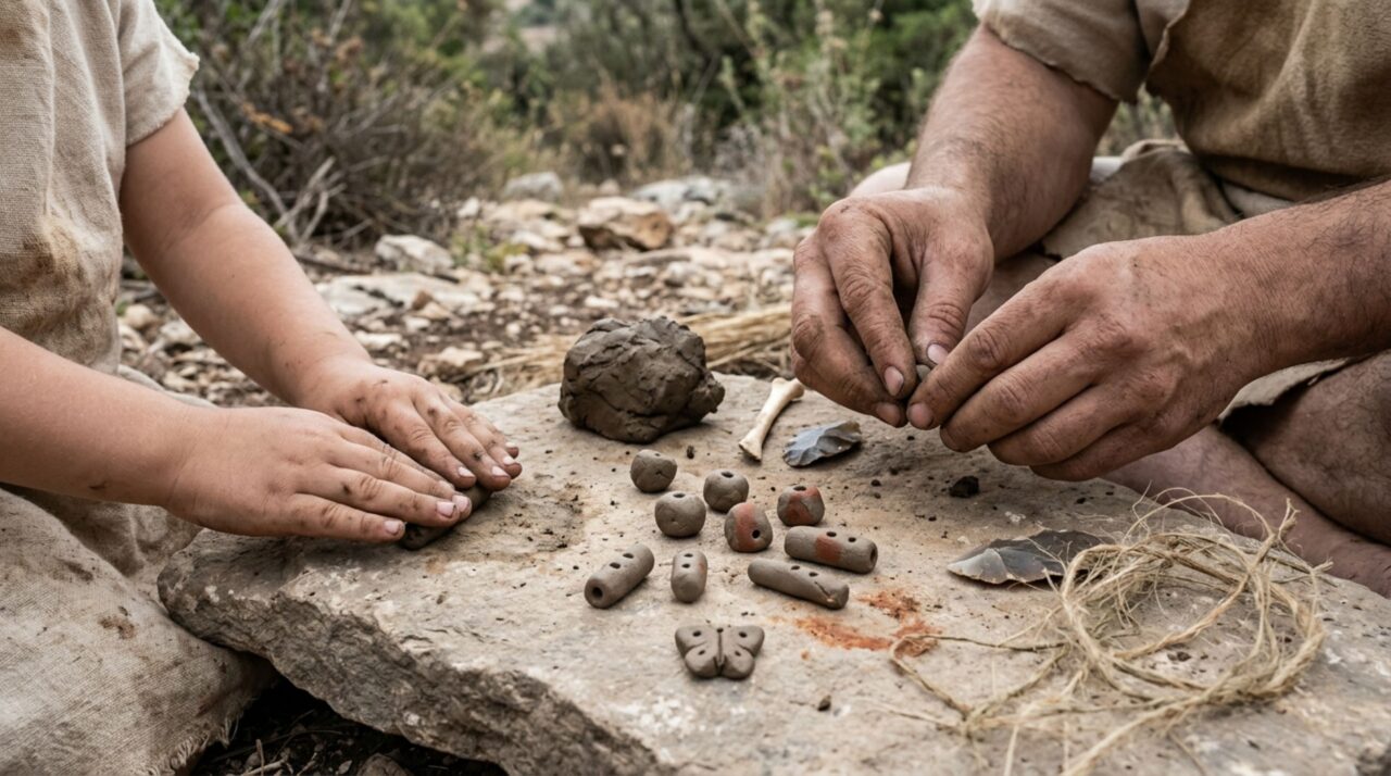 Reconstrução ilustra como crianças e adultos podem ter participado da modelagem de adornos de argila nas comunidades natufianas