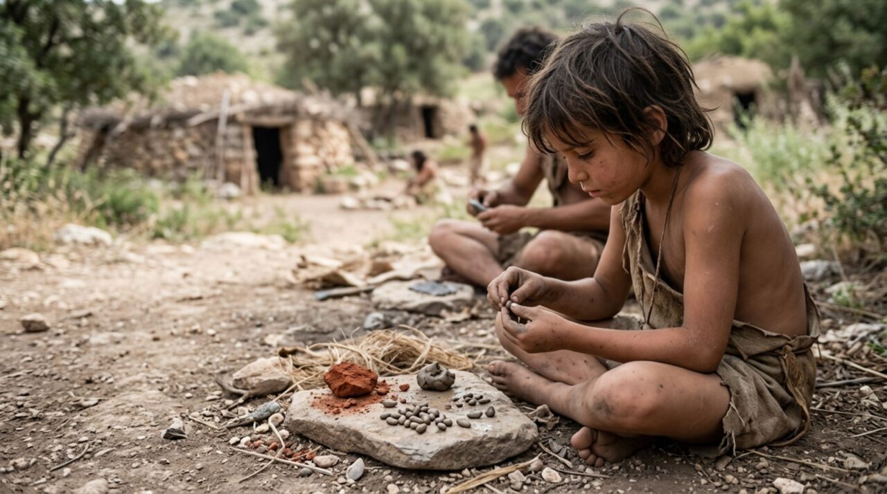 Reconstrução hipotética de uma criança natufiana moldando pequenos adornos de argila, atividade documentada por impressões digitais preservadas em peças arqueológicas