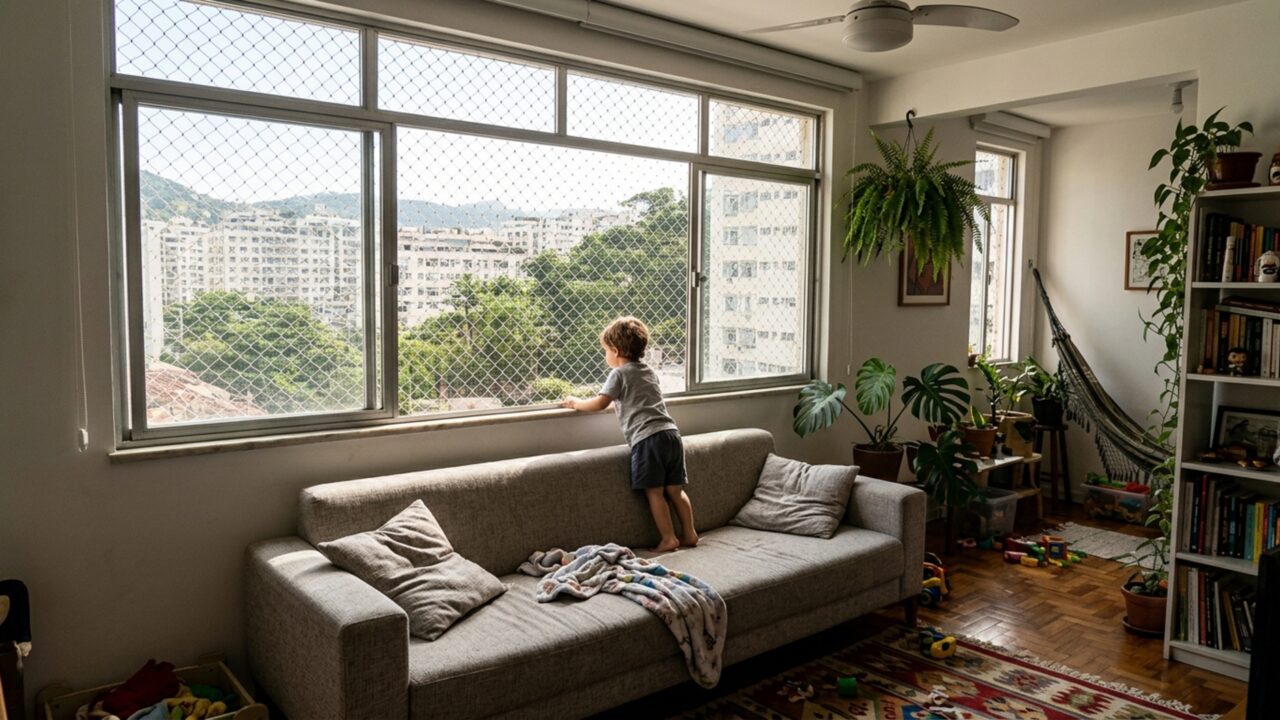 Casal afasta o sofá de uma tomada para proteger a criança e cria um apoio que permite alcançar a janela da sala