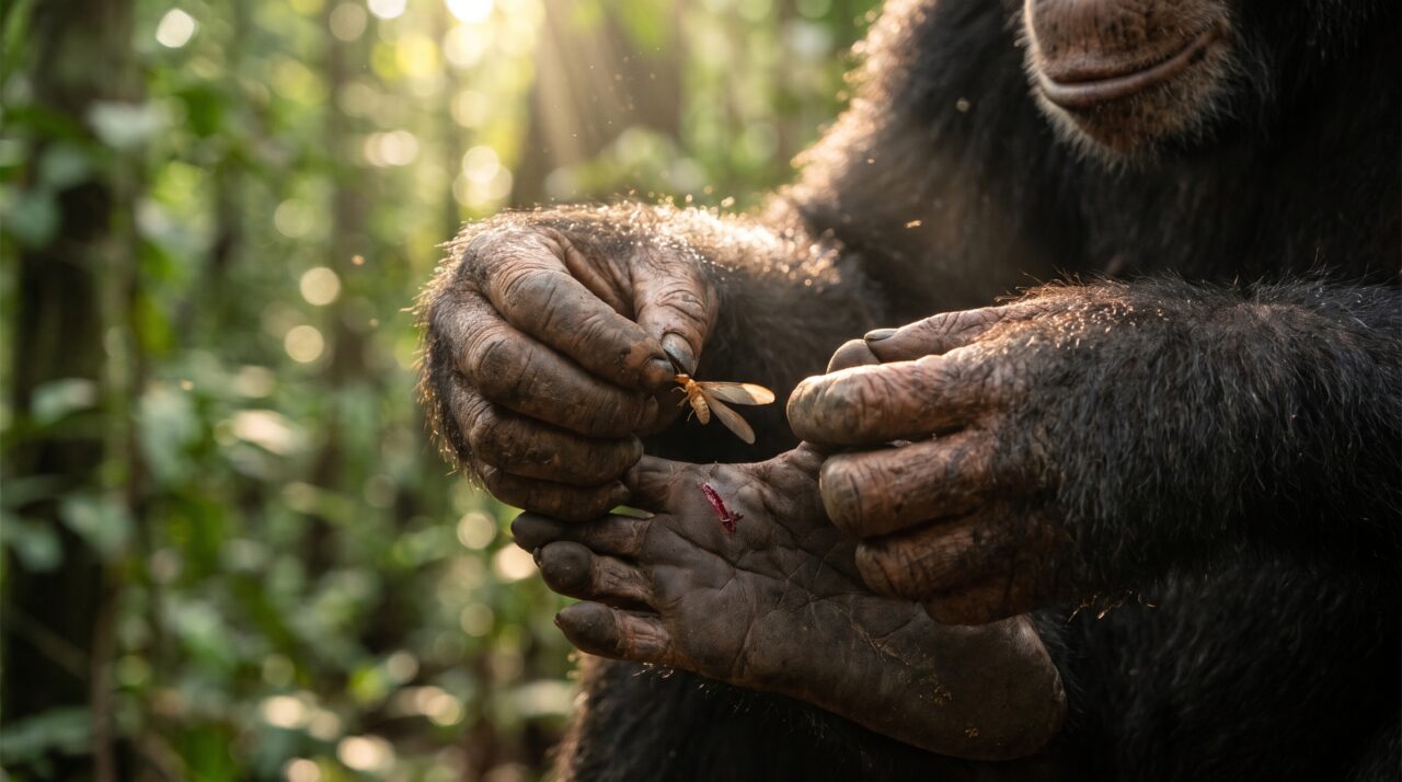 Chimpanzés aplicam insetos em ferimentos abertos, inclusive nos de outros indivíduos: comportamento foi registrado 76 vezes em 15 meses