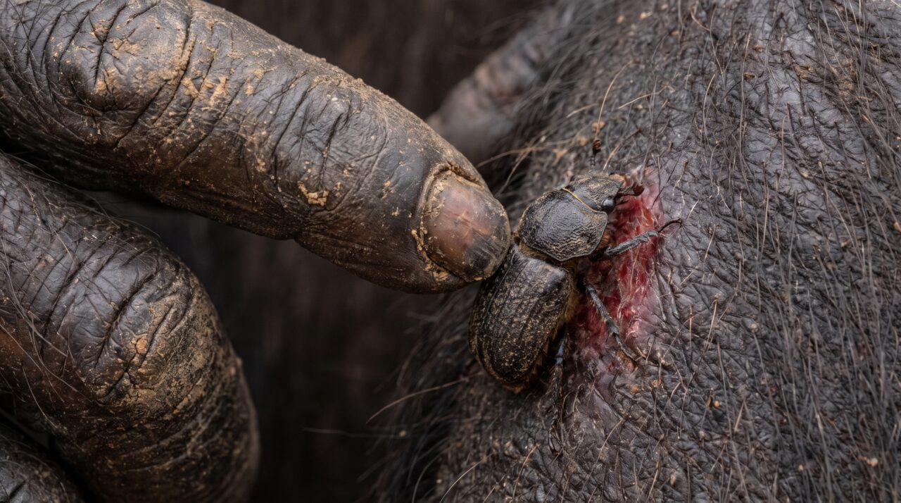 Chimpanzés aplicam insetos em ferimentos abertos, inclusive nos de outros indivíduos: comportamento foi registrado 76 vezes em 15 meses