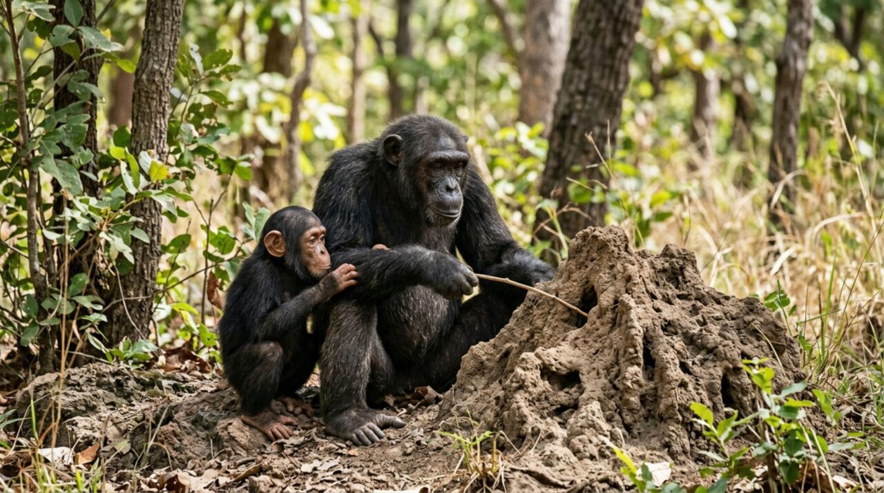 Chimpanzé adulta entrega a ferramenta ao filhote antes que ele domine a técnica e gesto raro mostra como habilidades difíceis passam entre gerações