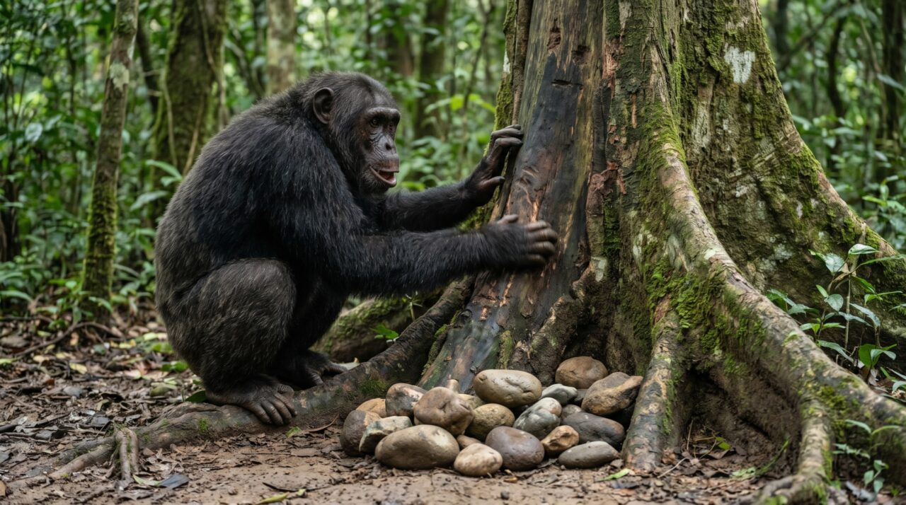 Chimpanzés voltam às mesmas árvores para arremessar pedras há mais de uma década: pilhas no chão registram um comportamento persistente