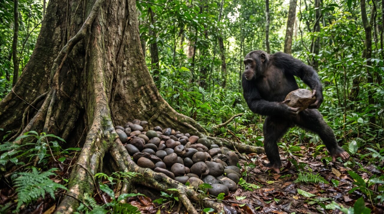 Chimpanzés voltam às mesmas árvores para arremessar pedras há mais de uma década: pilhas no chão registram um comportamento persistente