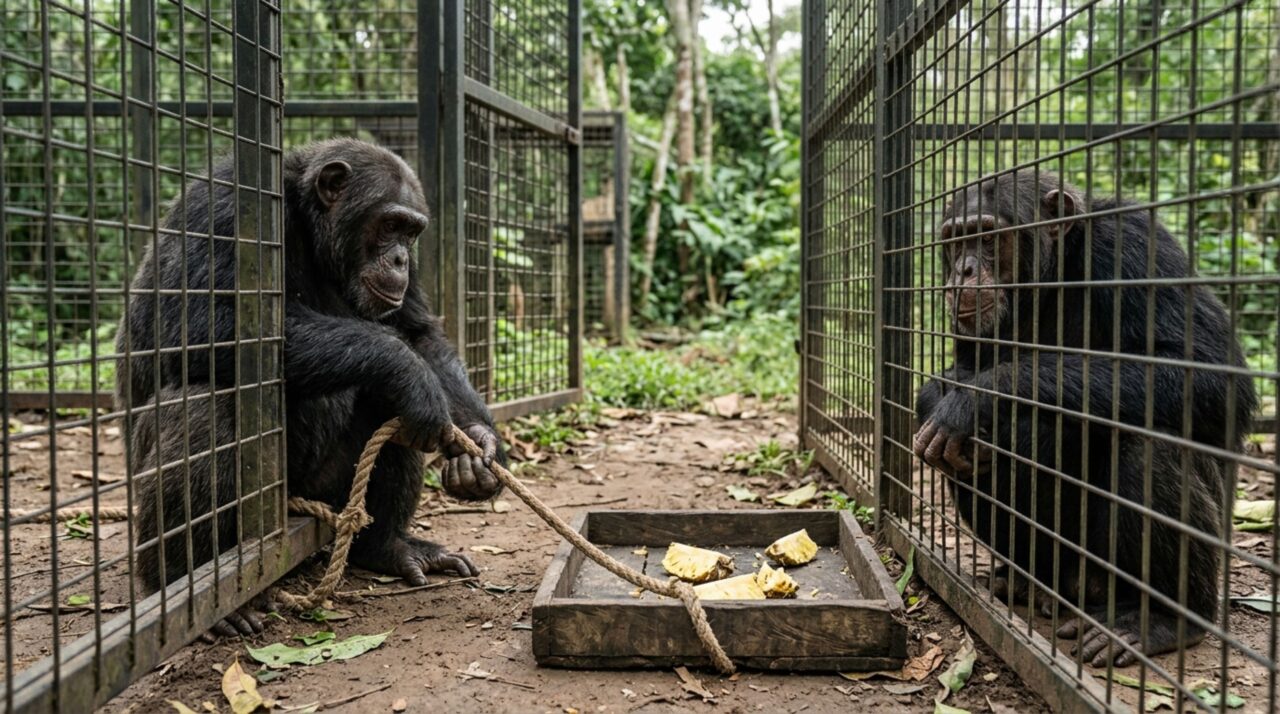 Um chimpanzé puxava a corda e roubava abacaxi do vizinho, mas fazia isso menos vezes quando a vítima era um amigo próximo