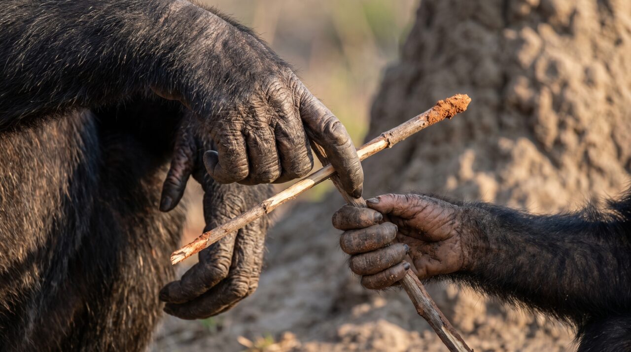Um filhote recebeu uma ferramenta da própria mãe e as câmeras registraram chimpanzés ensinando habilidades que passam entre gerações
