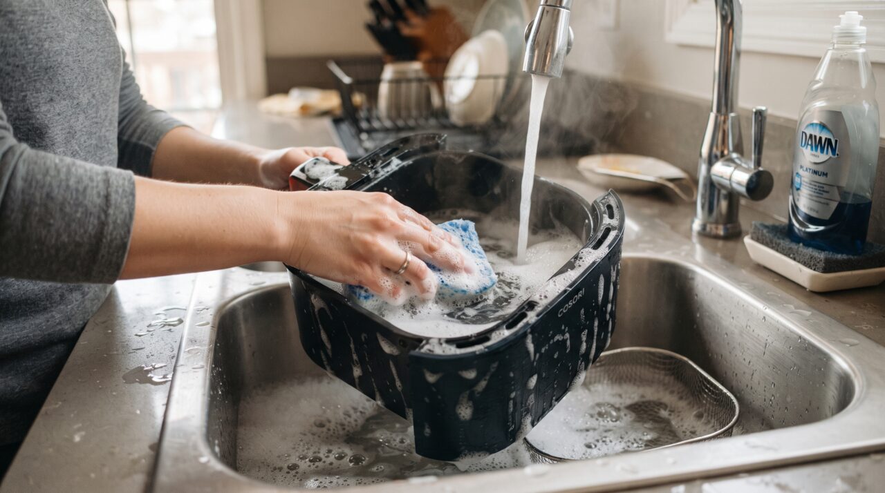 Truque de limpar a Air Fryer ligada com água quente e detergente para soltar a gordura