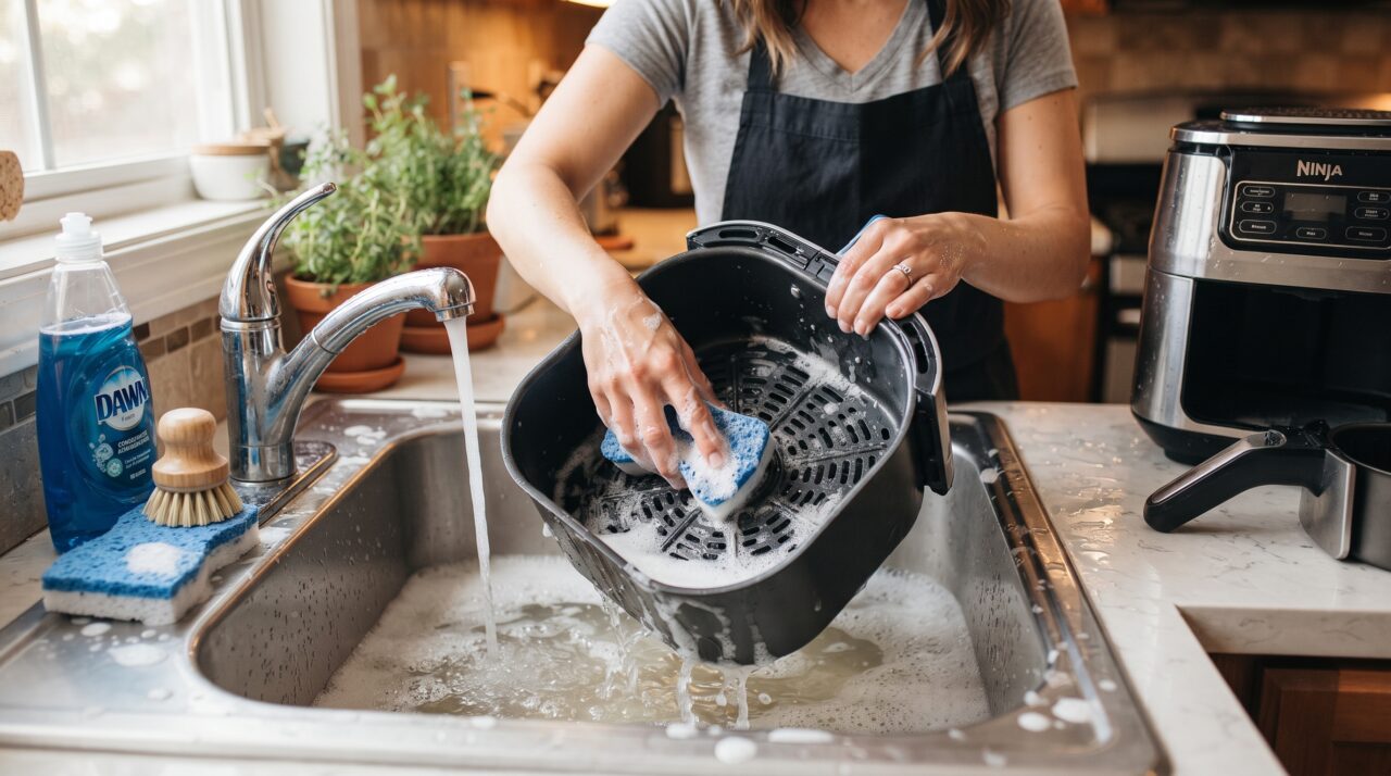 Colocar água quente e detergente na gaveta da Air Fryer ligada por três minutos: o truque sem esforço que solta toda a gordura da grade e protege o teflon