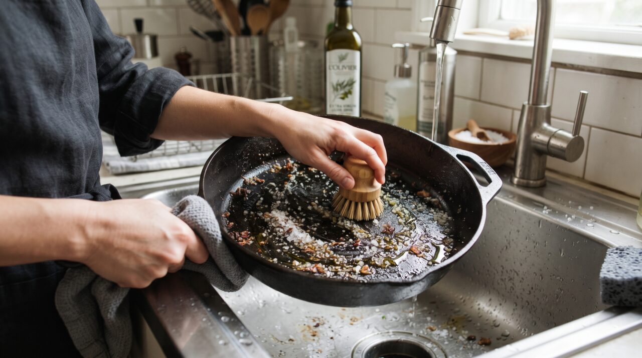 Aquecer sal grosso e azeite na panela de ferro fundido antes de lavar: o segredo de chef para remover pontos de ferrugem e criar uma camada antiaderente natural