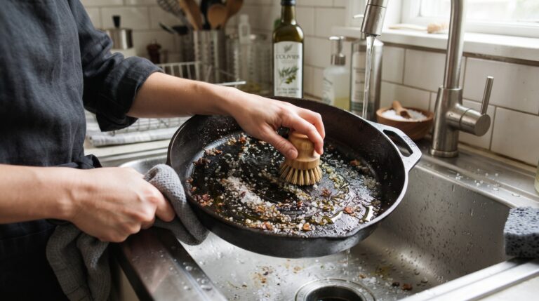 Truque de chef para limpar e curar panela de ferro fundido usando sal grosso e azeite.