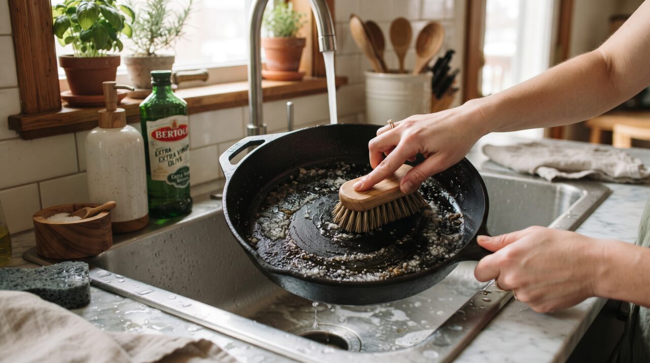 Truque de chef para limpar e curar panela de ferro fundido usando sal grosso e azeite.