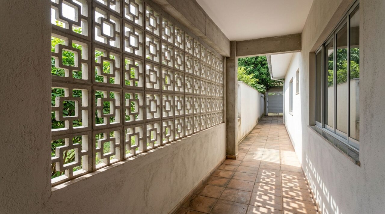 Trechos de muro com cobogós permitem passagem parcial do ar e podem ajudar a recuperar a ventilação natural do corredor