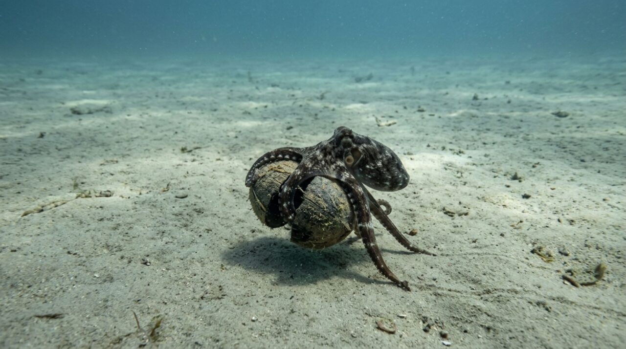 Polvo carrega conchas pelo fundo do mar para montar um esconderijo quando precisa