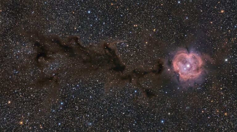 A Nebulosa do Casulo, IC 5146, aparece ligada visualmente à extensa nuvem escura Barnard 168, formando uma estrutura que lembra um cometa