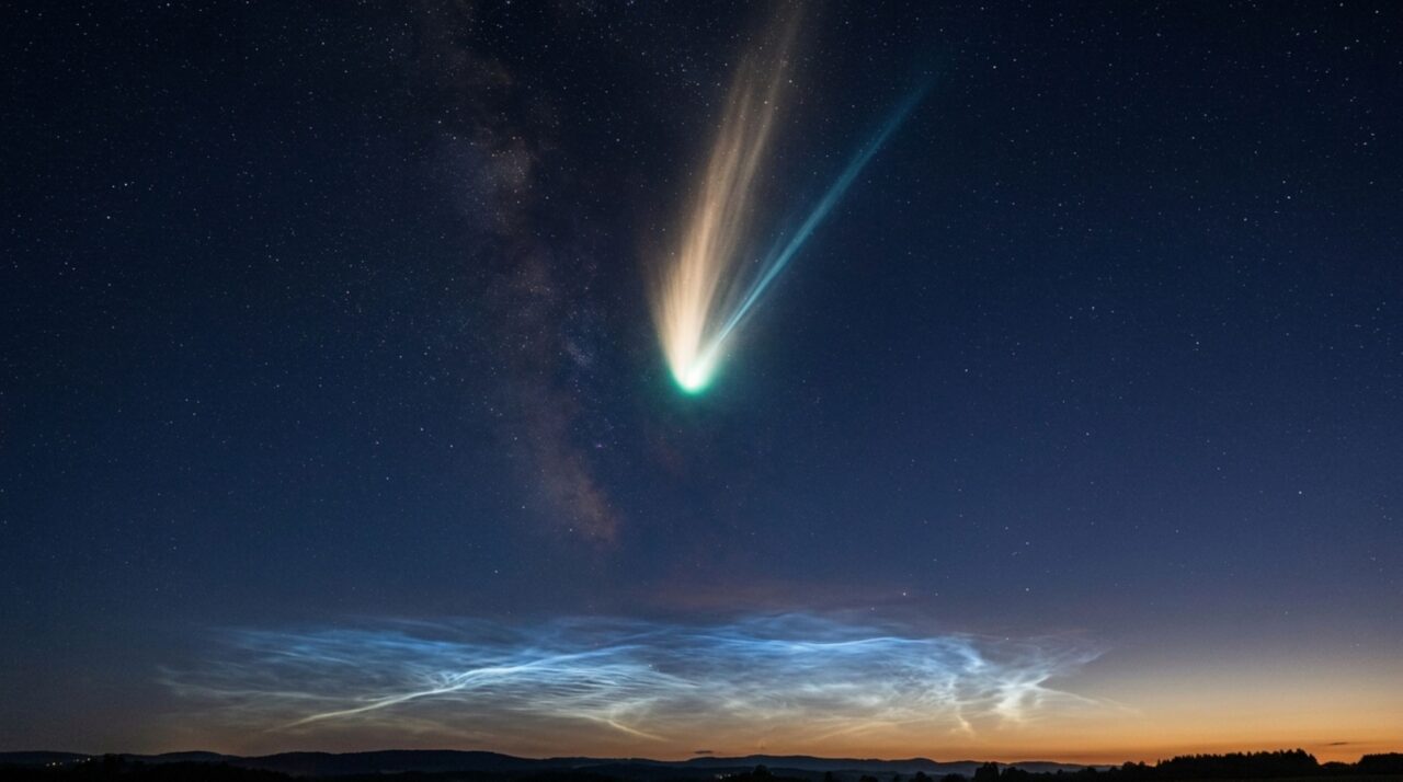 Caudas de poeira e gás do NEOWISE contrastaram com nuvens de gelo iluminadas na alta atmosfera terrestre