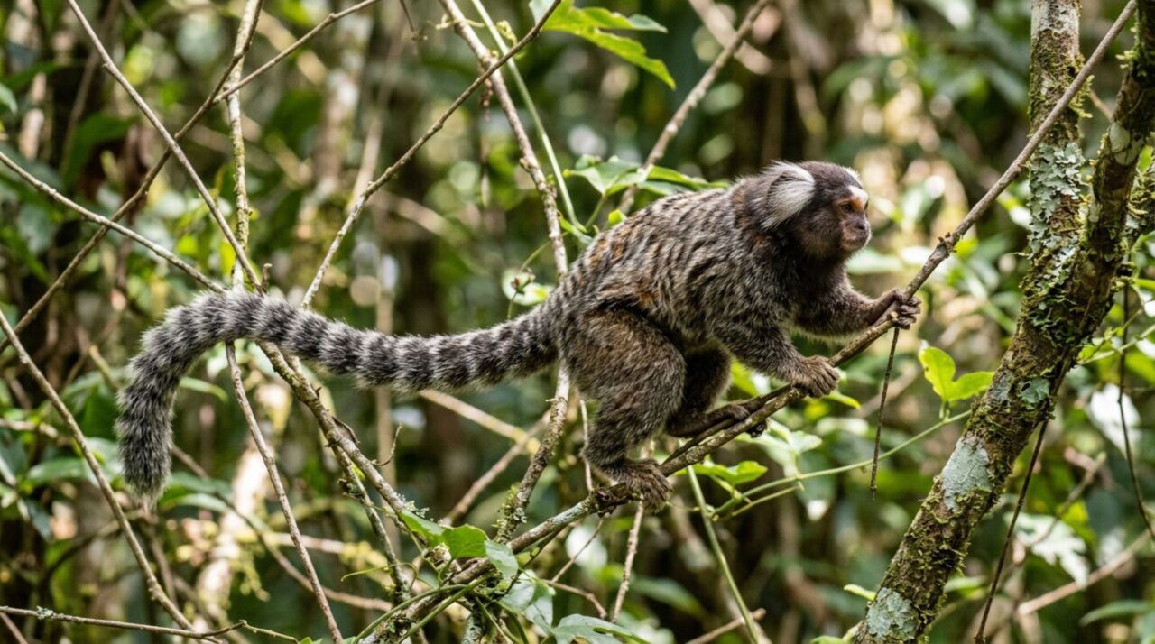 Um macaco cabe na palma da mão ao nascer e sua cauda longa vira contrapeso enquanto corre pelos galhos mais finos