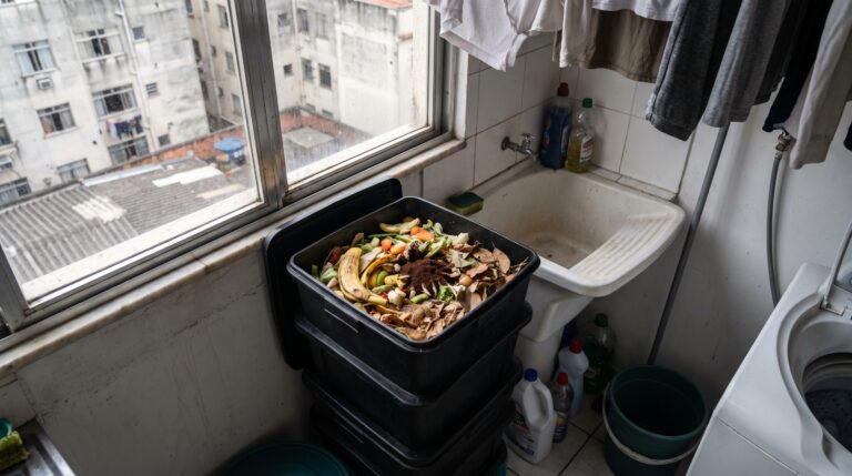 Uma família separa restos da cozinha por algumas semanas e descobre que a compostagem doméstica não exige uma propriedade rural