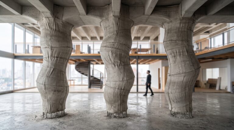 Arquitetos trocam moldes de madeira por lonas de tecido e criam colunas de concreto curvas economizando 30% de material.