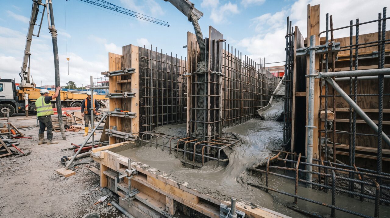 O “concreto líquido” inteligente que se espalha sozinho pelos cantos mais estreitos da obra, zera o barulho incômodo dos vibradores e garante pilares incrivelmente lisos e perfeitos