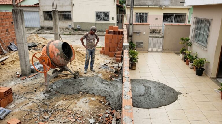 Morador aluga uma betoneira para construir a garagem, equipamento apresenta defeito e espalha concreto sobre o piso do vizinho, mas comprovante de locação revela uma condição importante sobre a manutenção