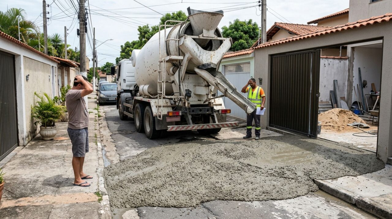 Proprietário contrata caminhão-betoneira para concretar o quintal, motorista descarrega parte da mistura na entrada do imóvel vizinho e o concreto endurece antes da retirada, mas a ordem de serviço indica outra garagem