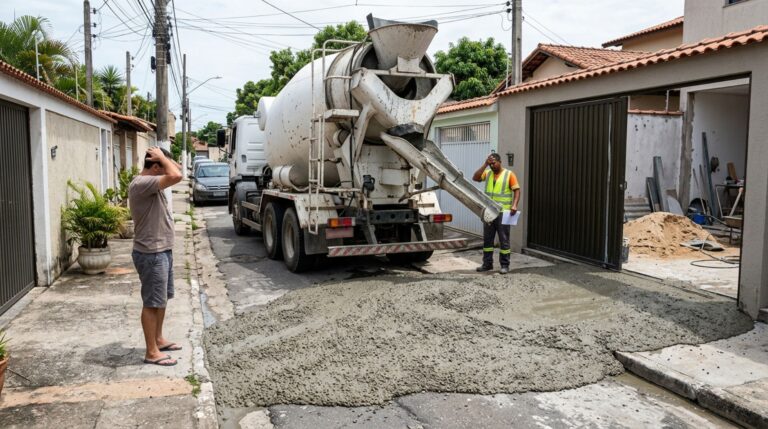 Proprietário contrata caminhão-betoneira para concretar o quintal, motorista descarrega parte da mistura na entrada do imóvel vizinho e o concreto endurece antes da retirada, mas a ordem de serviço indica outra garagem