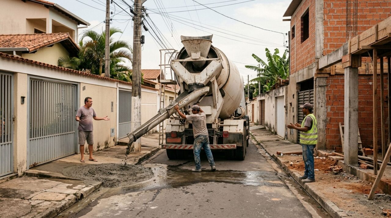 Morador encomenda concreto usinado para construir uma laje e descobre que o caminhão descarregou parte da mistura no acesso do terreno vizinho após confundir as entradas