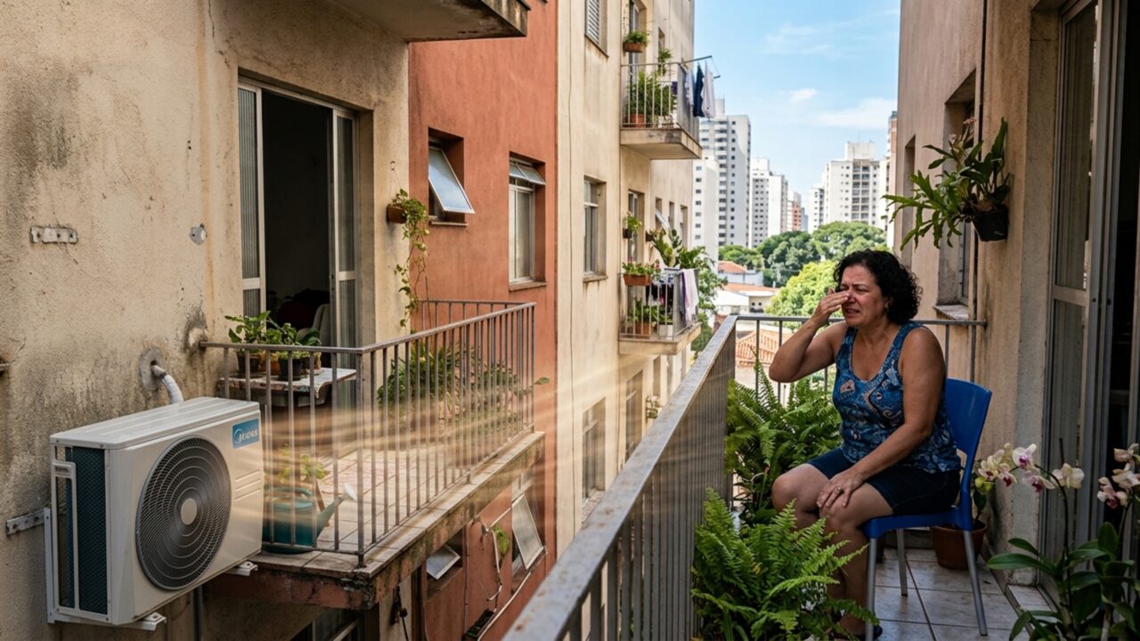 Depois de instalar um aparelho de ar-condicionado mais potente, proprietário começa a receber reclamações porque o ar quente da condensadora atinge diretamente a varanda vizinha
