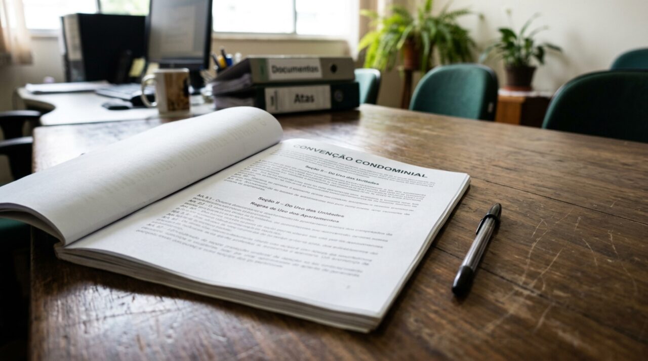 Documento de convenção condominial aberto sobre mesa de escritório, representando as regras que podem limitar hospedagens por aplicativos em edifícios residenciais.